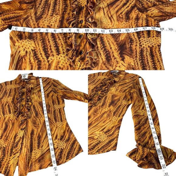St. John Silk Blend Long Sleeve Ruffled Button Up Blouse Abstract Print Size 2 - Picture 7 of 8
